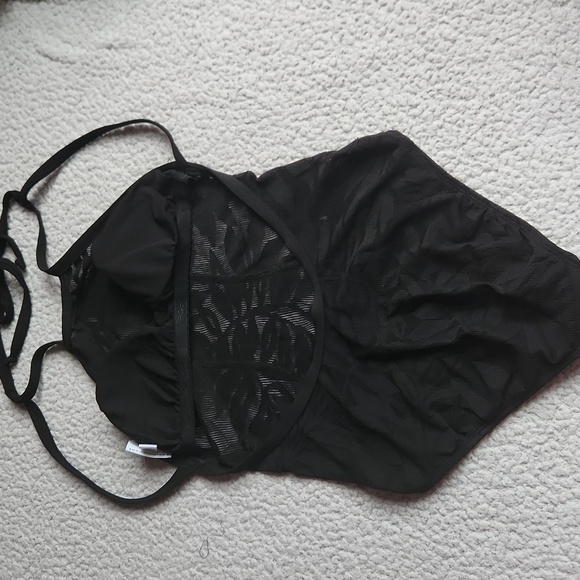 ROBIN PICCONE Sexy Black Tropical Leaf Pattern Sheer Stomach One-Piece Swimsuit - Picture 3 of 7